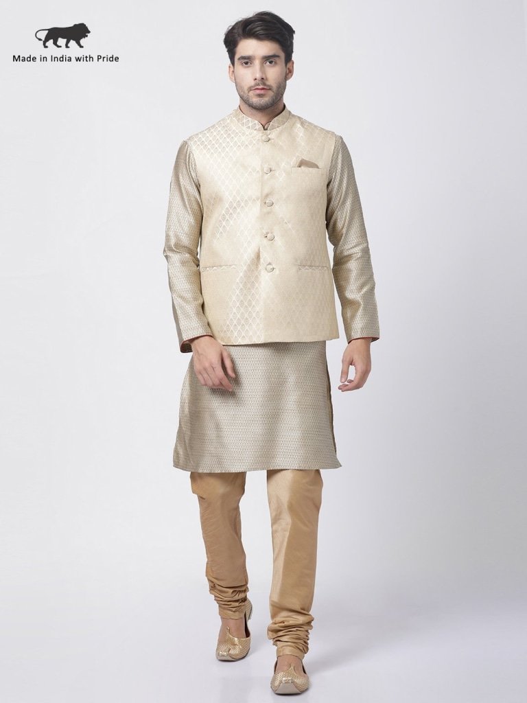 Men's Beige Cotton Silk Blend Kurta, Ethnic Jacket and Pyjama Set