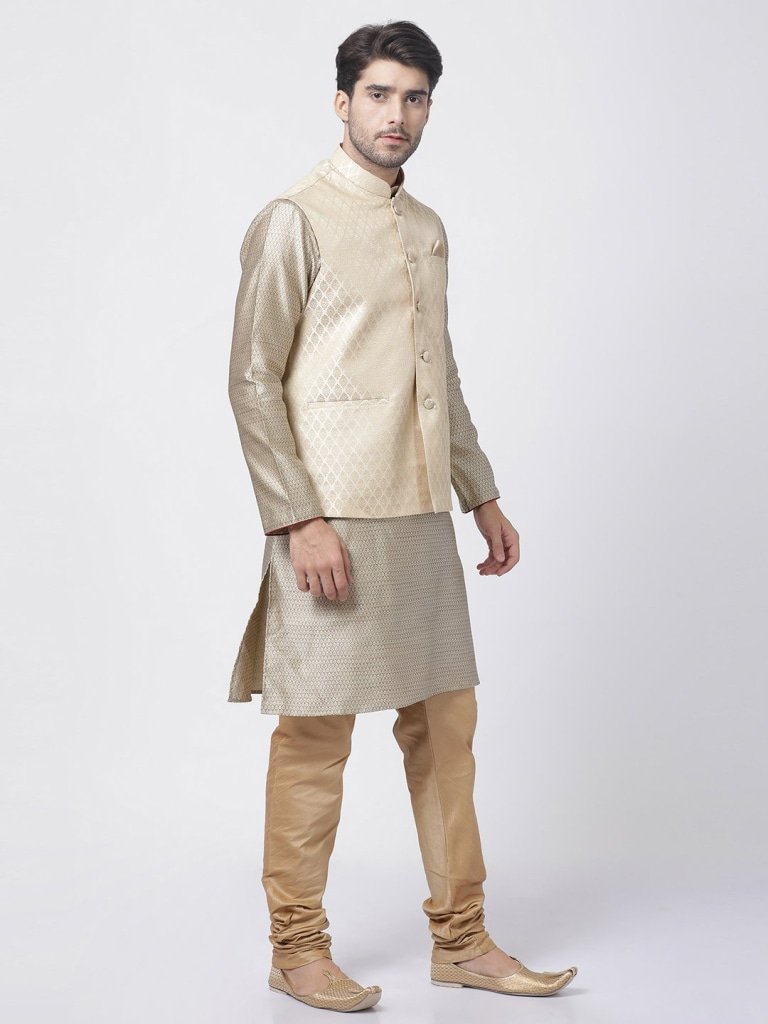 Men's Beige Cotton Silk Blend Kurta, Ethnic Jacket and Pyjama Set