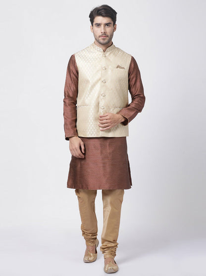 Men's Maroon Cotton Silk Blend Kurta, Ethnic Jacket and Pyjama Set