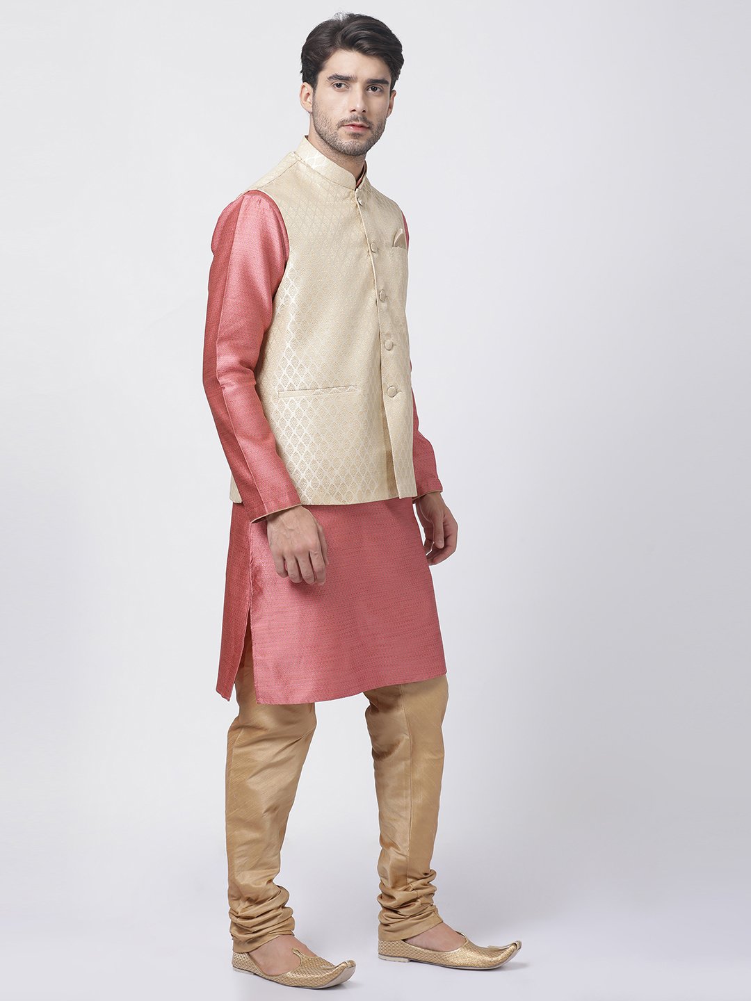 Men's Pink Cotton Silk Blend Kurta, Ethnic Jacket and Pyjama Set