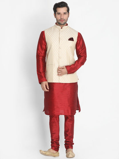 Men's Maroon Cotton Silk Blend Kurta, Ethnic Jacket and Pyjama Set