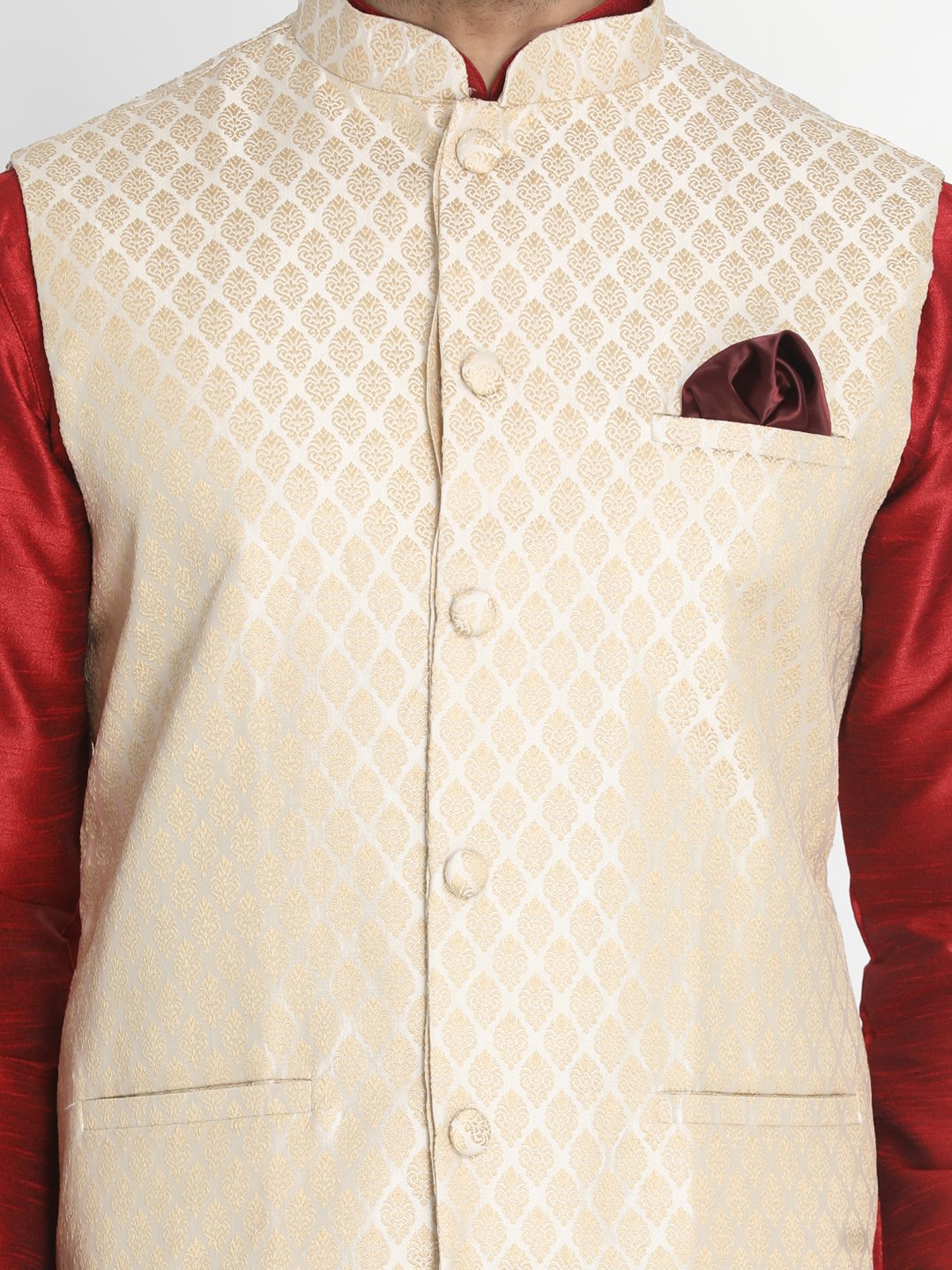 Men's Maroon Cotton Silk Blend Kurta, Ethnic Jacket and Pyjama Set