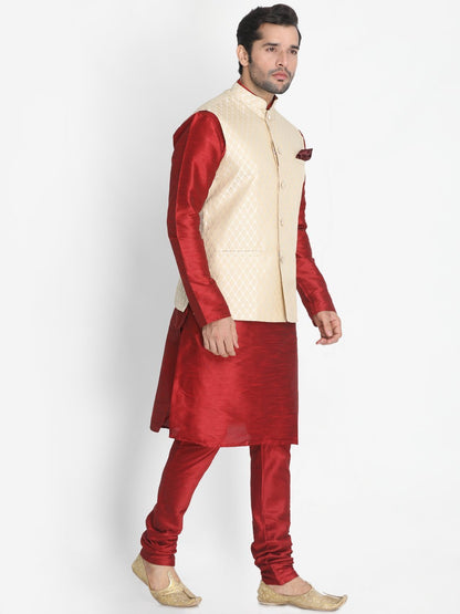 Men's Maroon Cotton Silk Blend Kurta, Ethnic Jacket and Pyjama Set