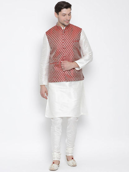 Men's White Cotton Silk Blend Kurta, Ethnic Jacket and Pyjama Set