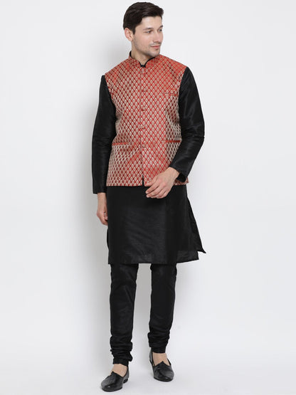 Men's Black Cotton Silk Blend Kurta, Ethnic Jacket and Pyjama Set