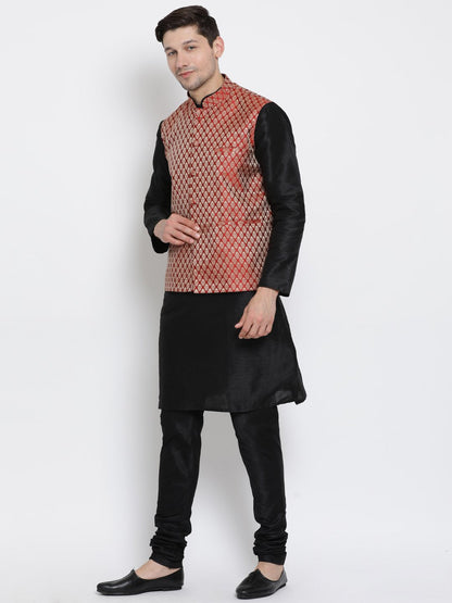 Men's Black Cotton Silk Blend Kurta, Ethnic Jacket and Pyjama Set