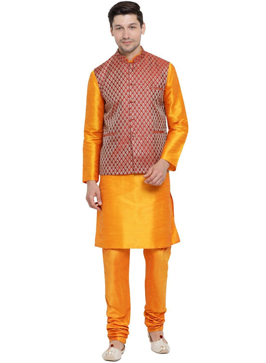 Men's Orange Cotton Silk Blend Kurta, Ethnic Jacket and Pyjama Set