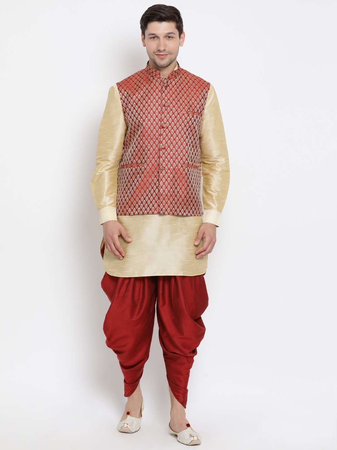 Men's Gold Cotton Silk Blend Ethnic Jacket, Kurta and Dhoti Pant Set