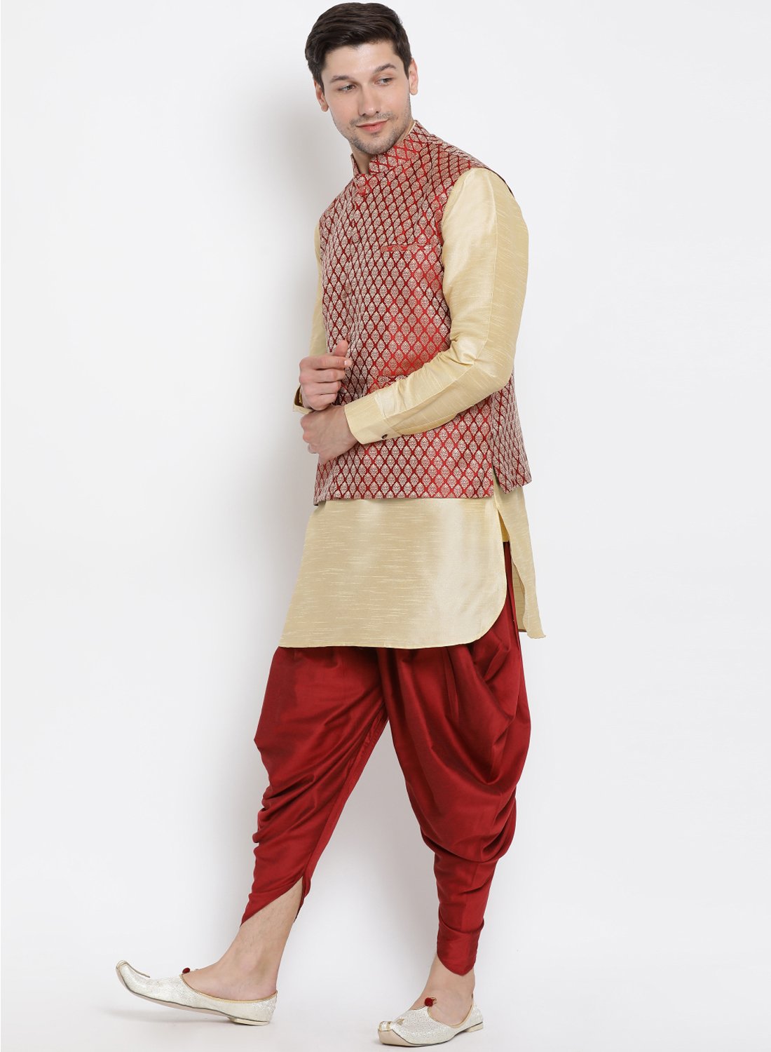 Men's Gold Cotton Silk Blend Ethnic Jacket, Kurta and Dhoti Pant Set