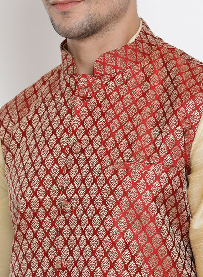 Men's Gold Cotton Silk Blend Ethnic Jacket, Kurta and Dhoti Pant Set