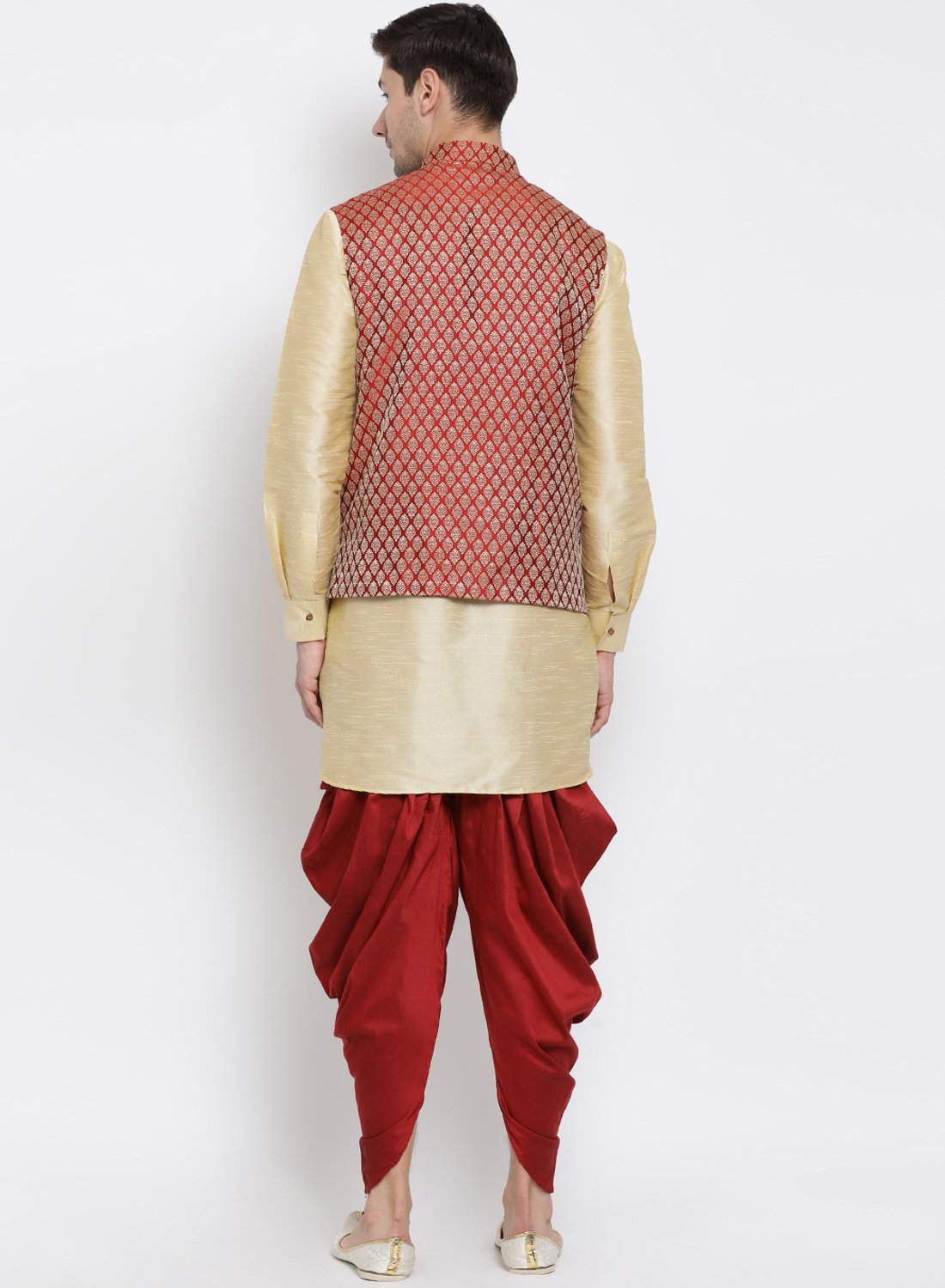 Men's Gold Cotton Silk Blend Ethnic Jacket, Kurta and Dhoti Pant Set