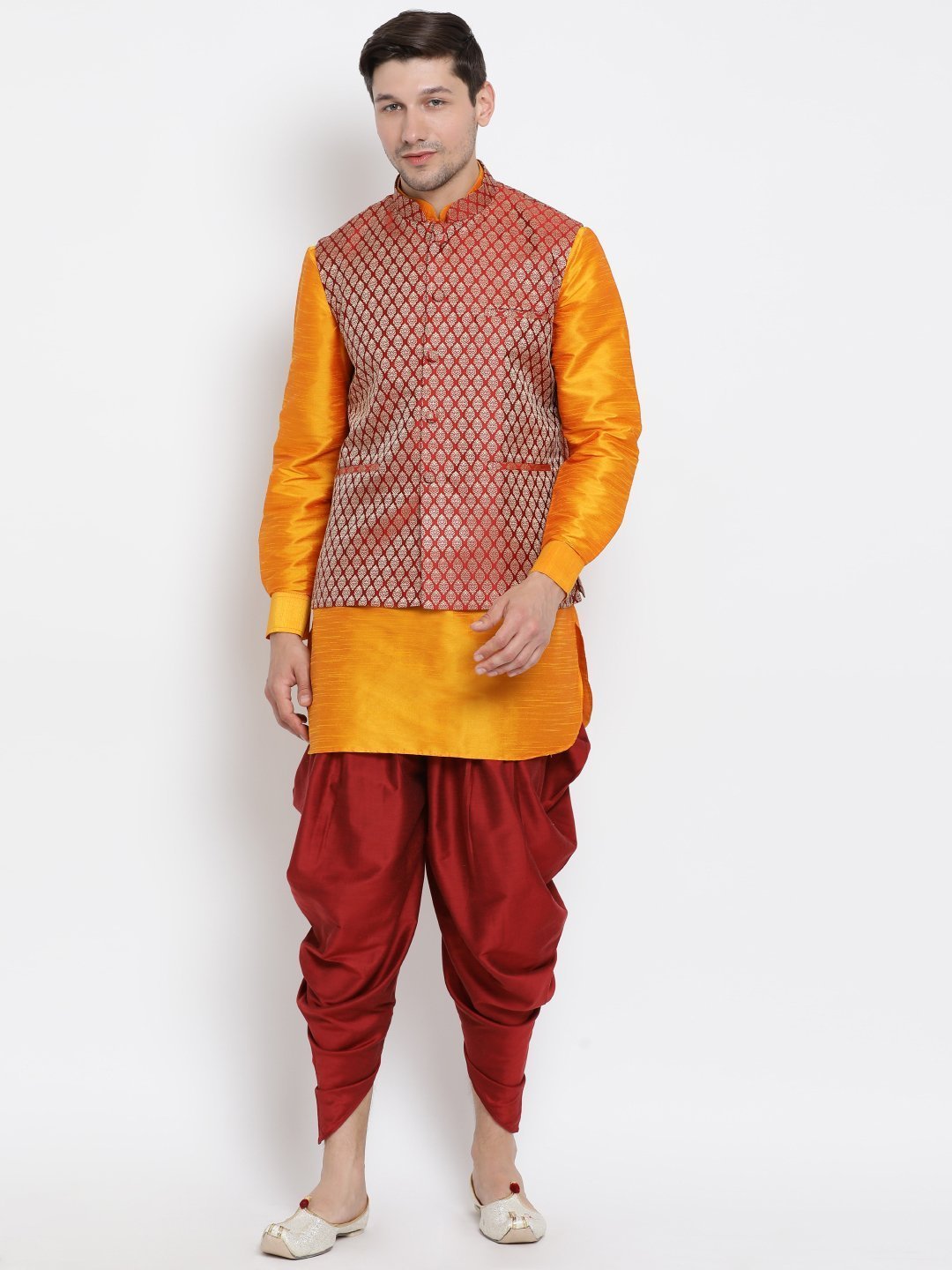 Men's Orange Cotton Silk Blend Ethnic Jacket, Kurta and Dhoti Pant Set