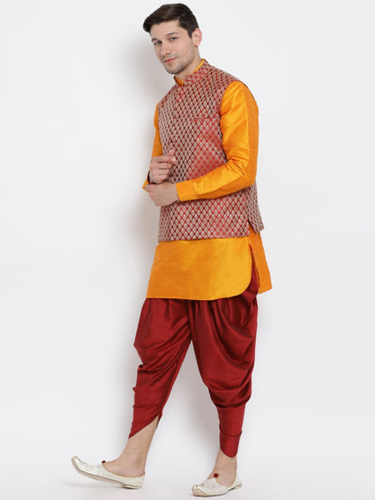 Men's Orange Cotton Silk Blend Ethnic Jacket, Kurta and Dhoti Pant Set