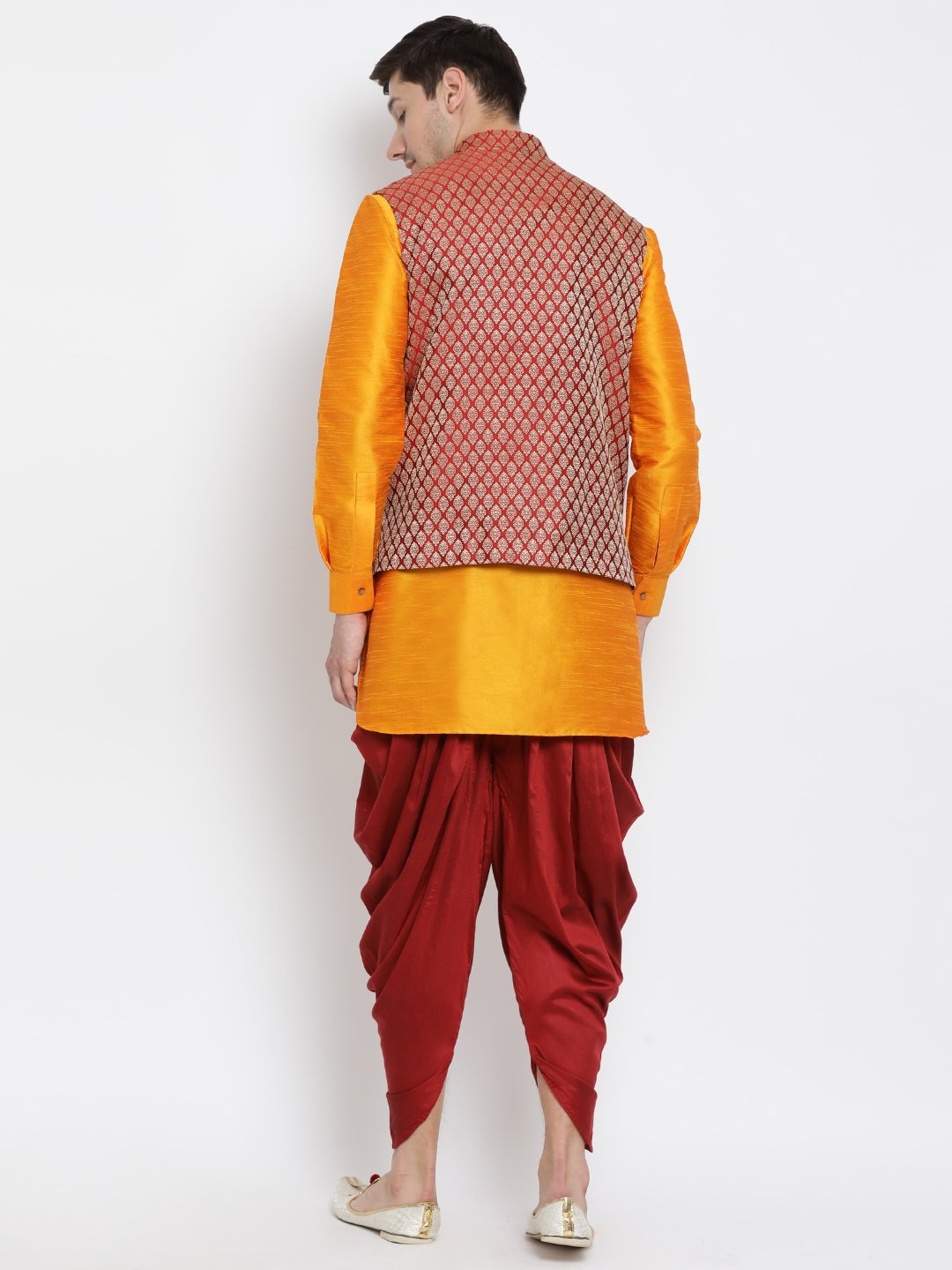 Men's Orange Cotton Silk Blend Ethnic Jacket, Kurta and Dhoti Pant Set