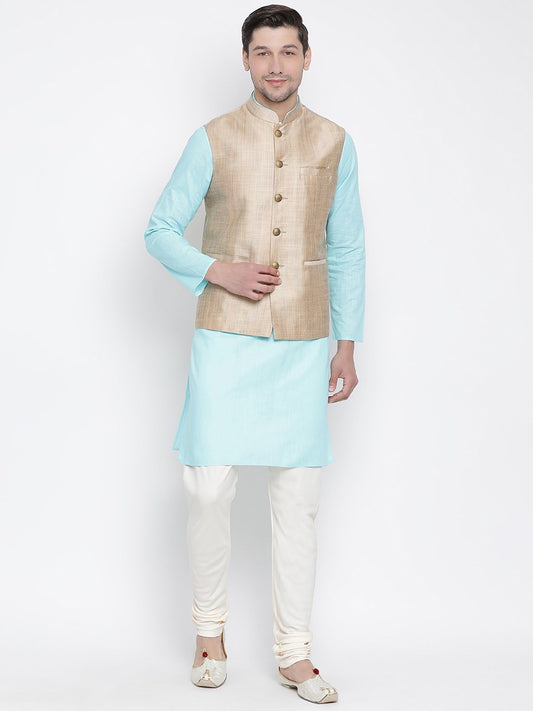 Men's Light Blue Cotton Blend Kurta, Ethnic Jacket and Pyjama Set