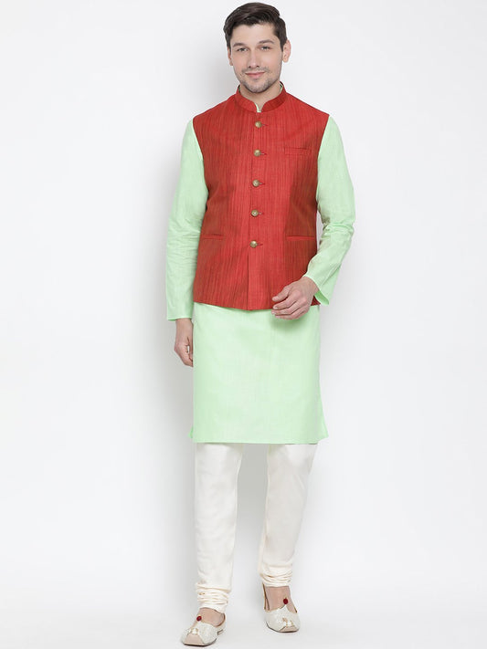 Men's Light Green Cotton Blend Kurta, Ethnic Jacket and Pyjama Set