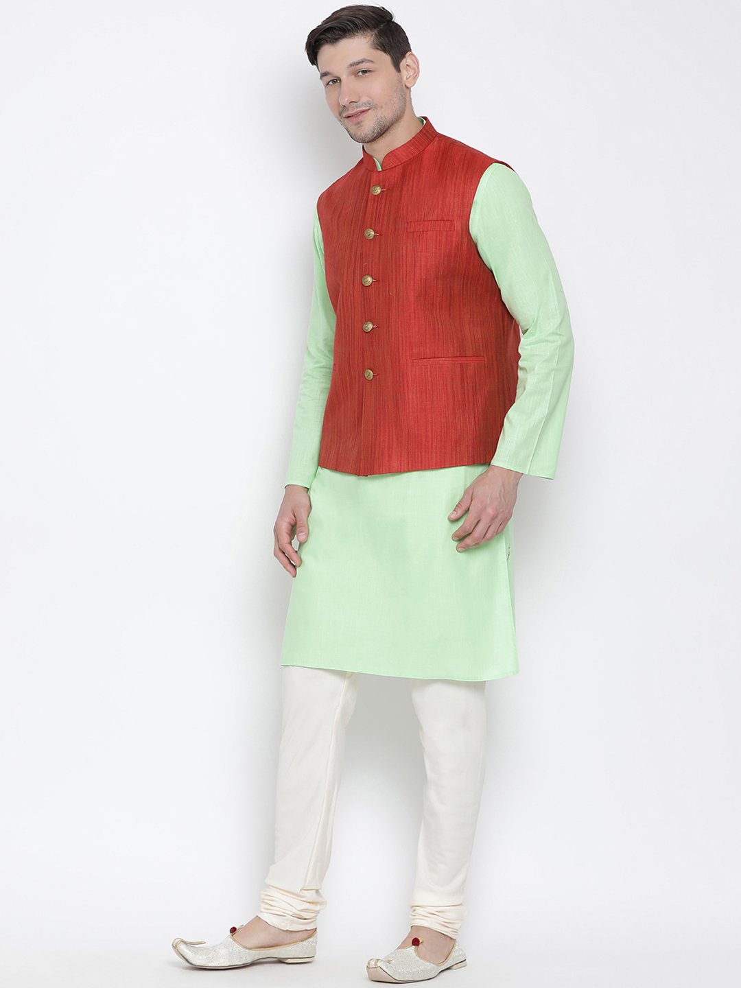 Men's Light Green Cotton Blend Kurta, Ethnic Jacket and Pyjama Set