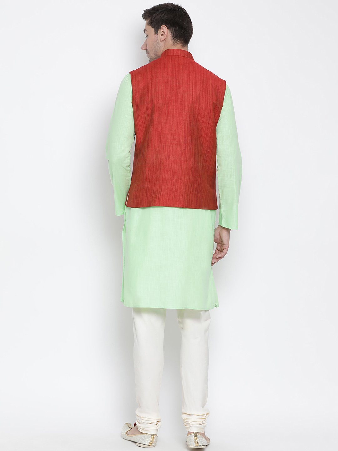 Men's Light Green Cotton Blend Kurta, Ethnic Jacket and Pyjama Set