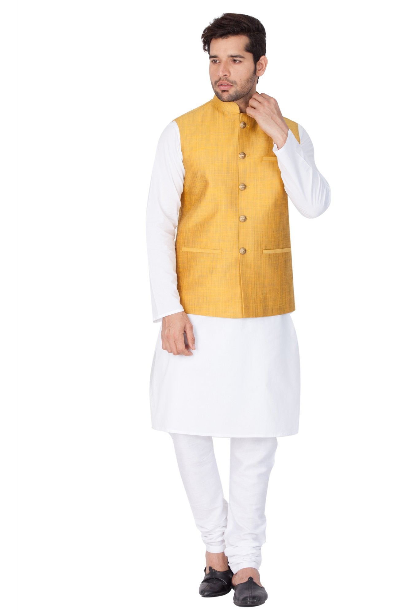 Men's White Cotton Blend Kurta, Ethnic Jacket and Pyjama Set