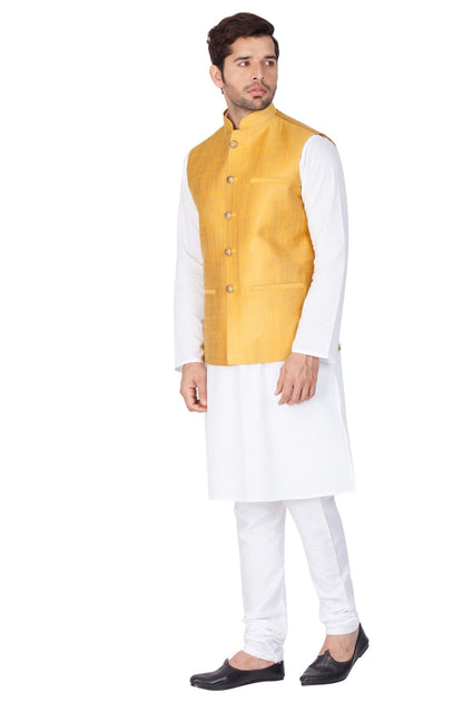 Men's White Cotton Blend Kurta, Ethnic Jacket and Pyjama Set