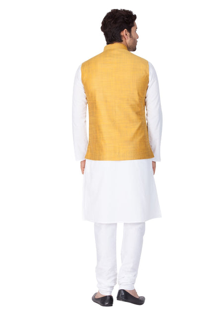 Men's White Cotton Blend Kurta, Ethnic Jacket and Pyjama Set