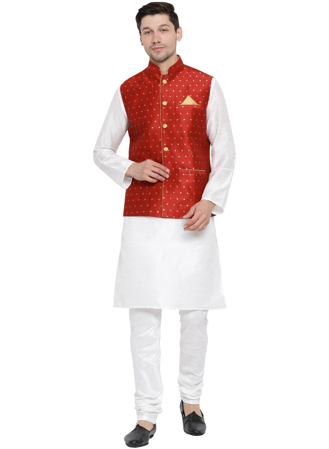 Men's White Cotton Silk Blend Kurta, Ethnic Jacket and Pyjama Set