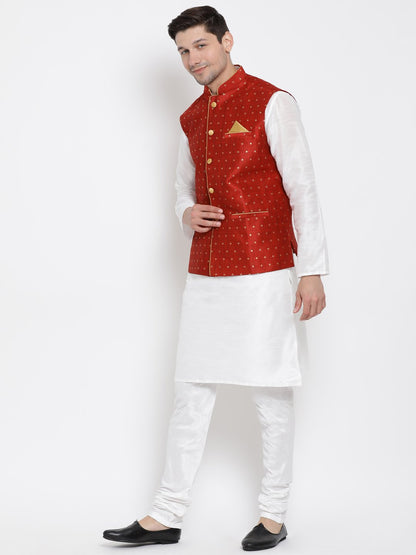 Men's White Cotton Silk Blend Kurta, Ethnic Jacket and Pyjama Set