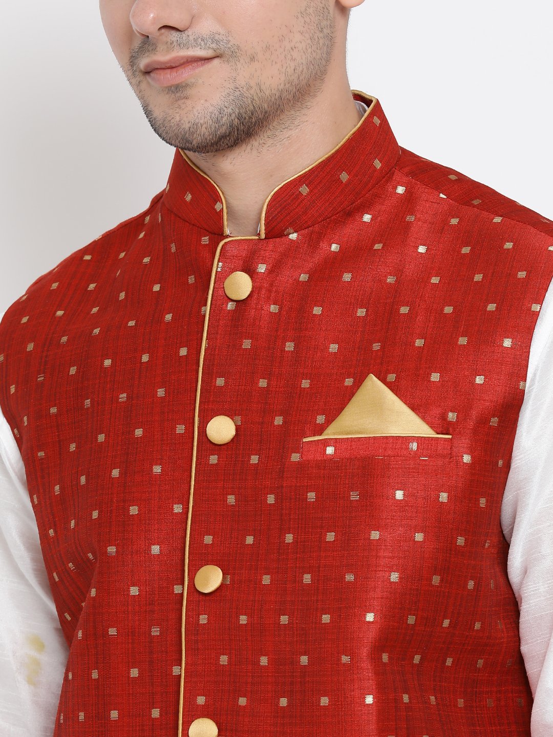 Men's White Cotton Silk Blend Kurta, Ethnic Jacket and Pyjama Set