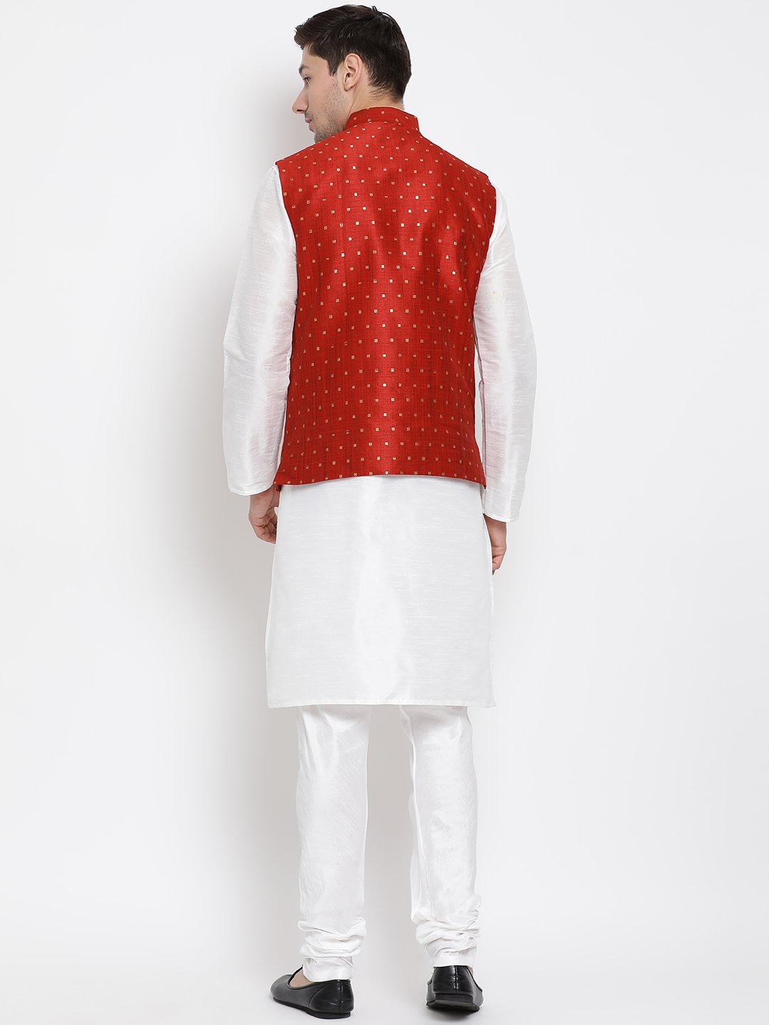 Men's White Cotton Silk Blend Kurta, Ethnic Jacket and Pyjama Set