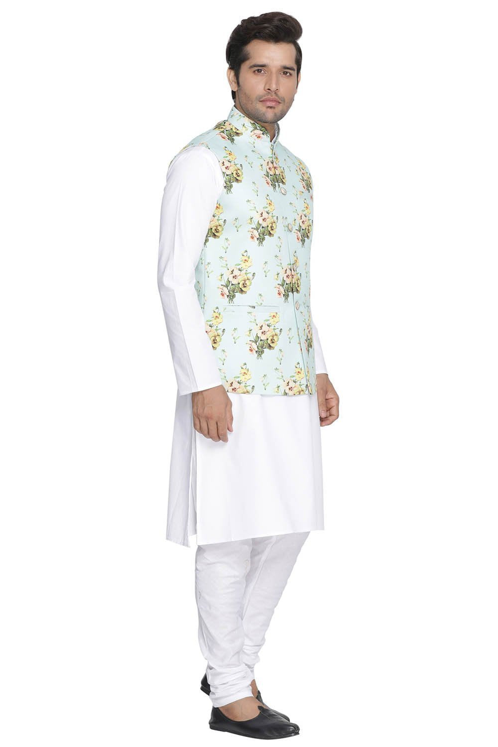 Men's Multicolor Cotton Blend Kurta, Ethnic Jacket and Pyjama Set