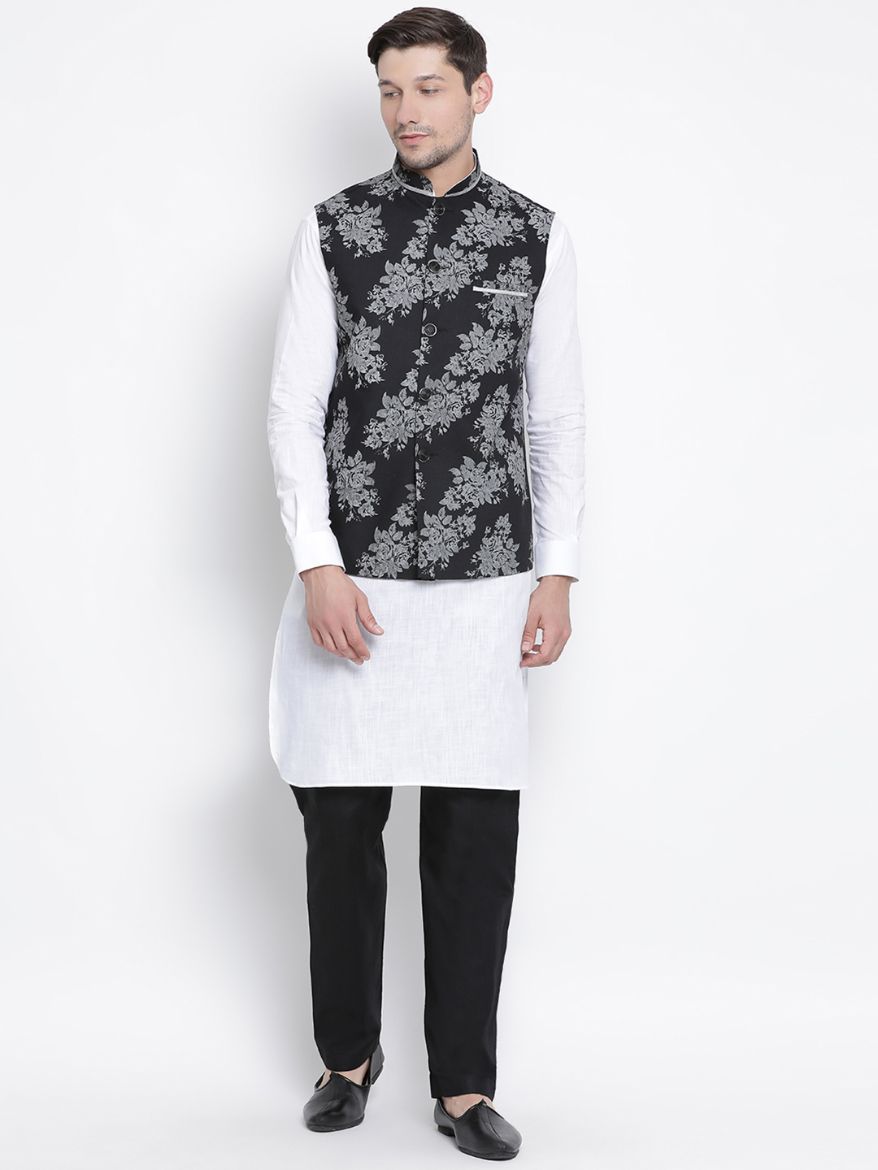 Men's White Cotton Blend Kurta, Ethnic Jacket and Pyjama Set