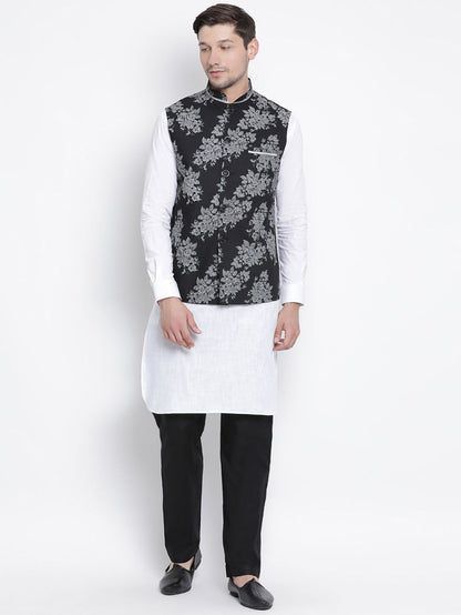 Men's White Cotton Blend Kurta, Ethnic Jacket and Pyjama Set