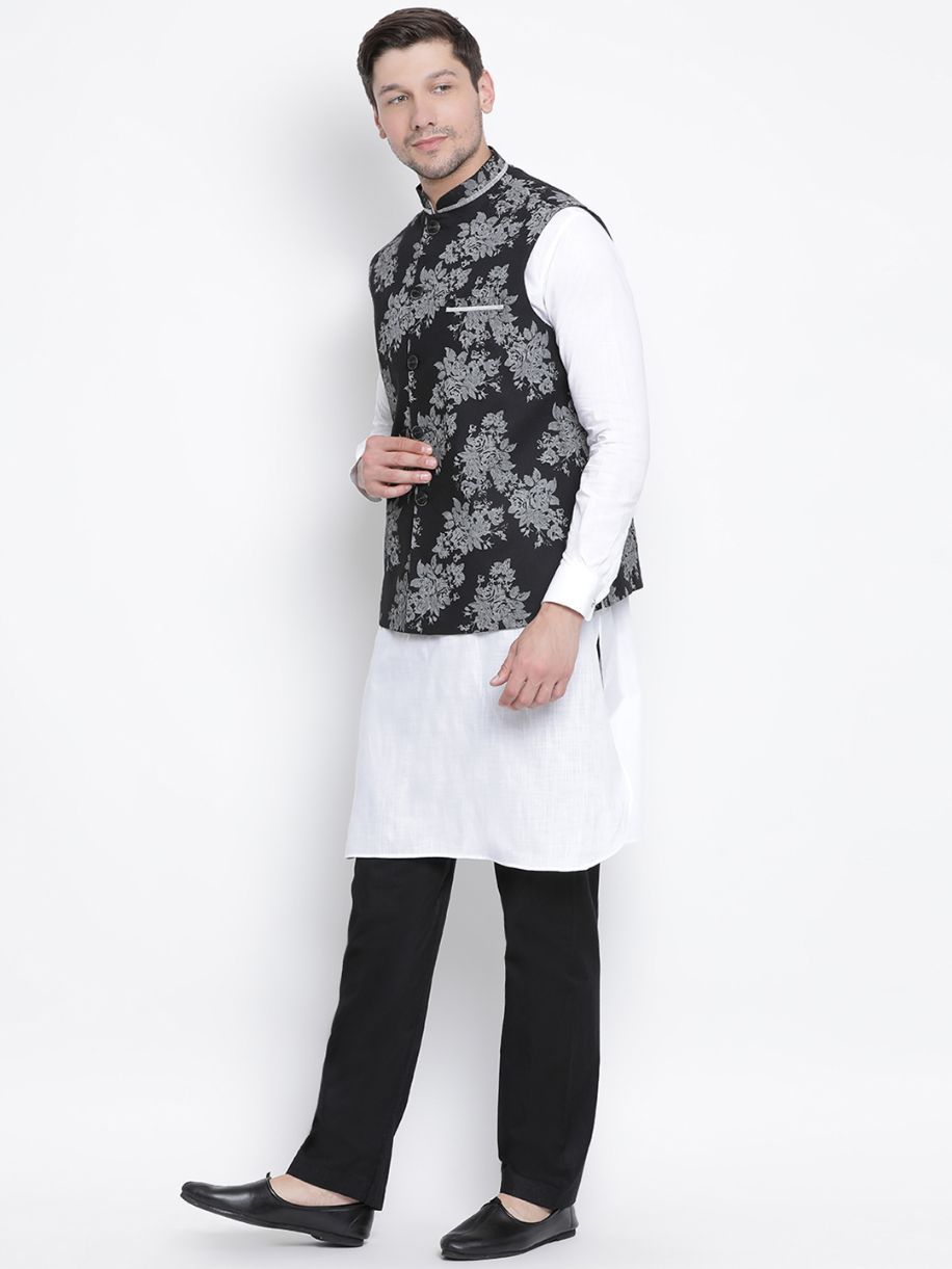 Men's White Cotton Blend Kurta, Ethnic Jacket and Pyjama Set