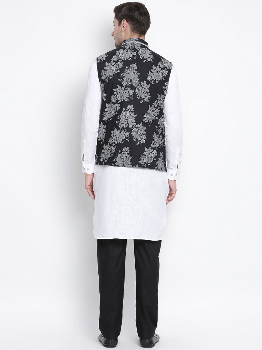 Men's White Cotton Blend Kurta, Ethnic Jacket and Pyjama Set