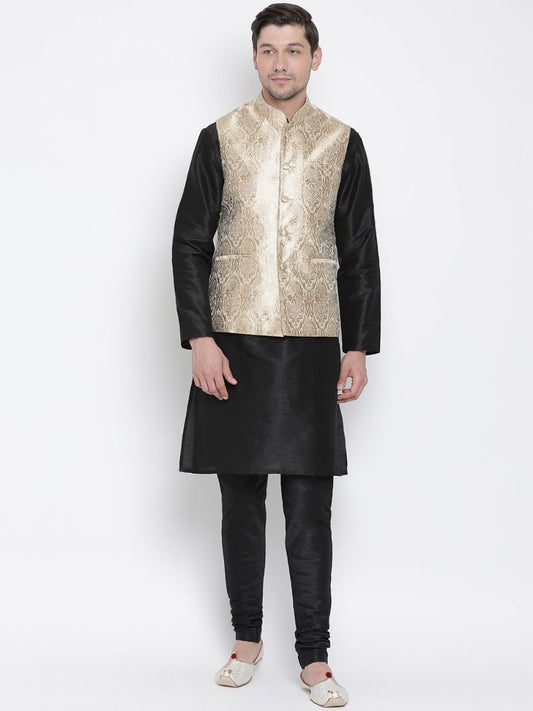 Men's Black Cotton Silk Blend Kurta, Ethnic Jacket and Pyjama Set