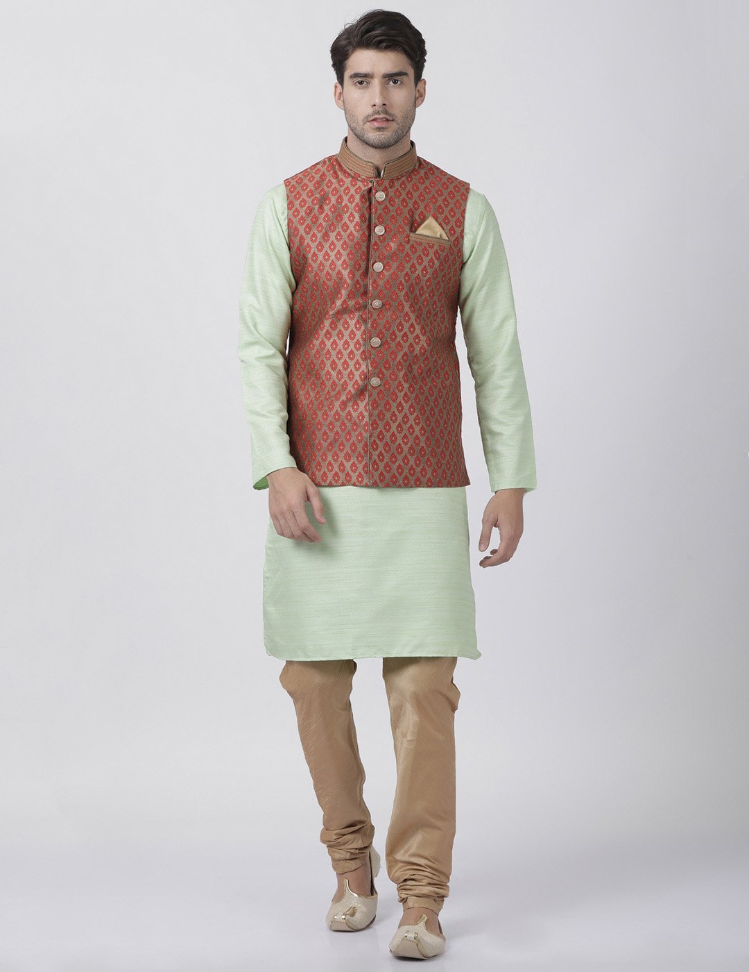 Men's Light Green Cotton Silk Blend Kurta, Ethnic Jacket and Pyjama Set