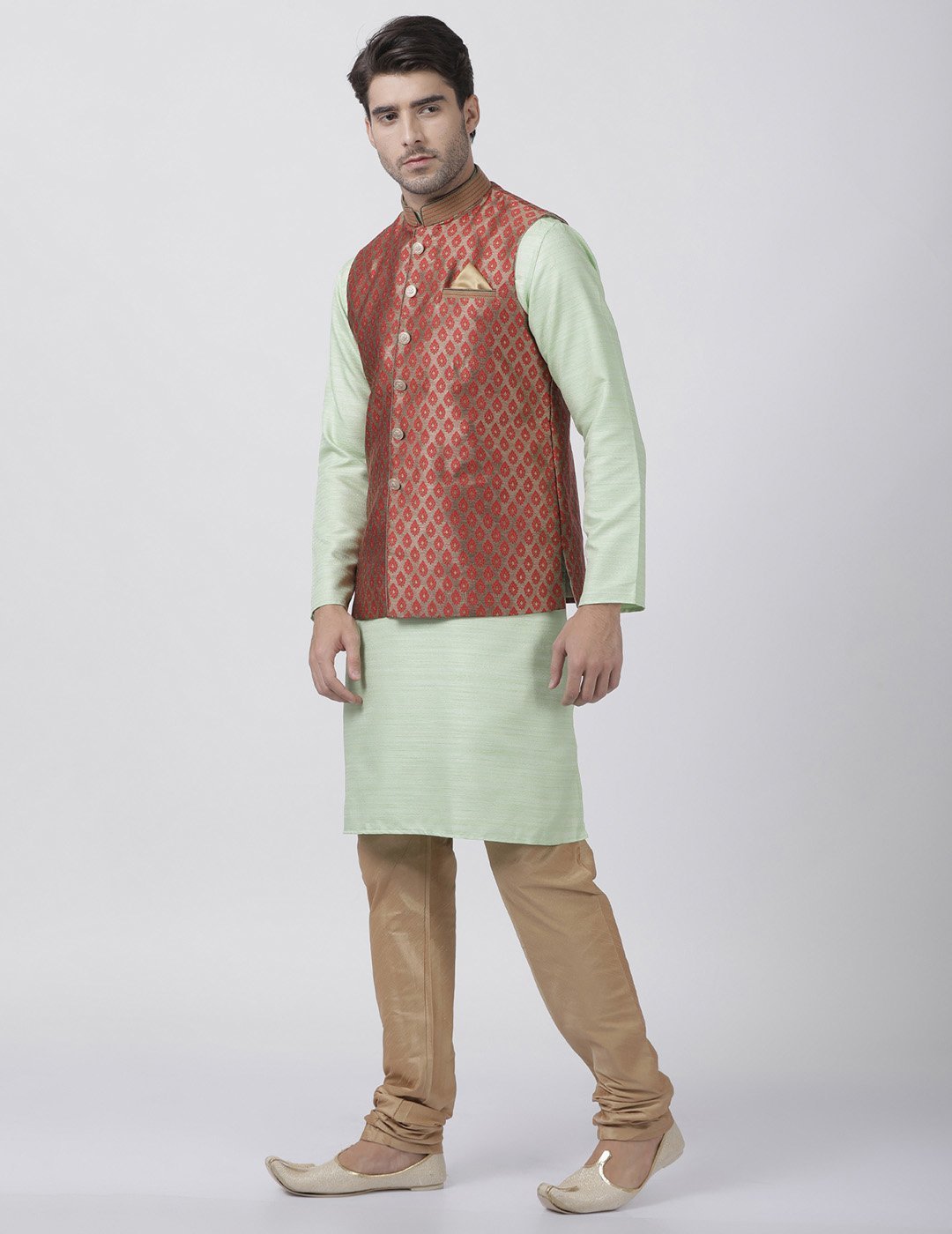 Men's Light Green Cotton Silk Blend Kurta, Ethnic Jacket and Pyjama Set