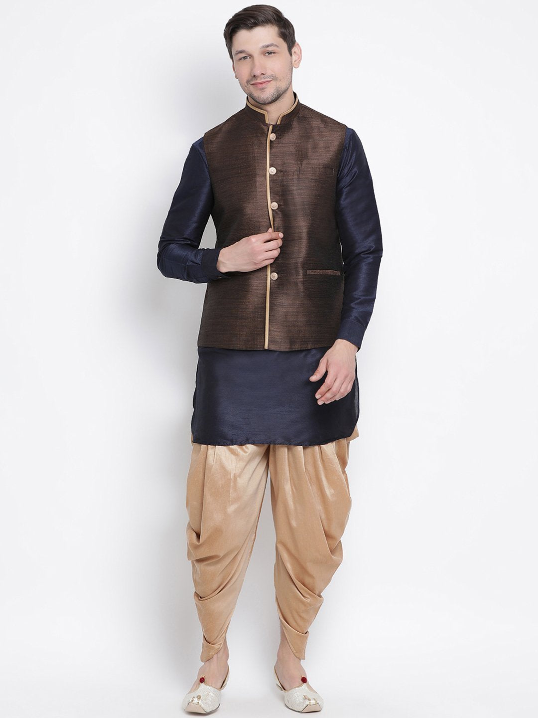 Men's Dark Blue Cotton Silk Blend Ethnic Jacket, Kurta and Dhoti Pant Set