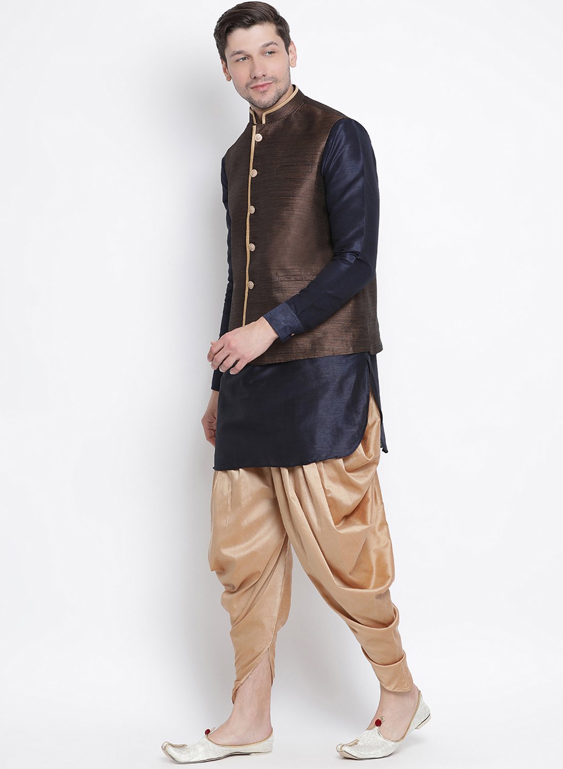 Men's Dark Blue Cotton Silk Blend Ethnic Jacket, Kurta and Dhoti Pant Set