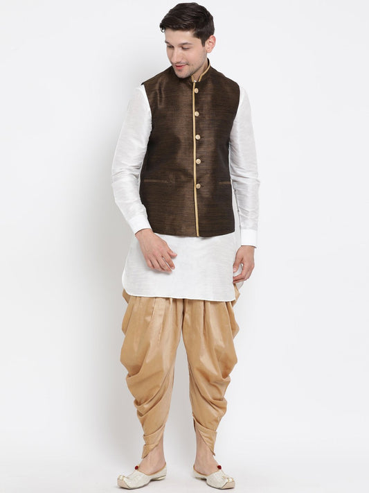 Men's White Cotton Silk Blend Ethnic Jacket, Kurta and Dhoti Pant Set