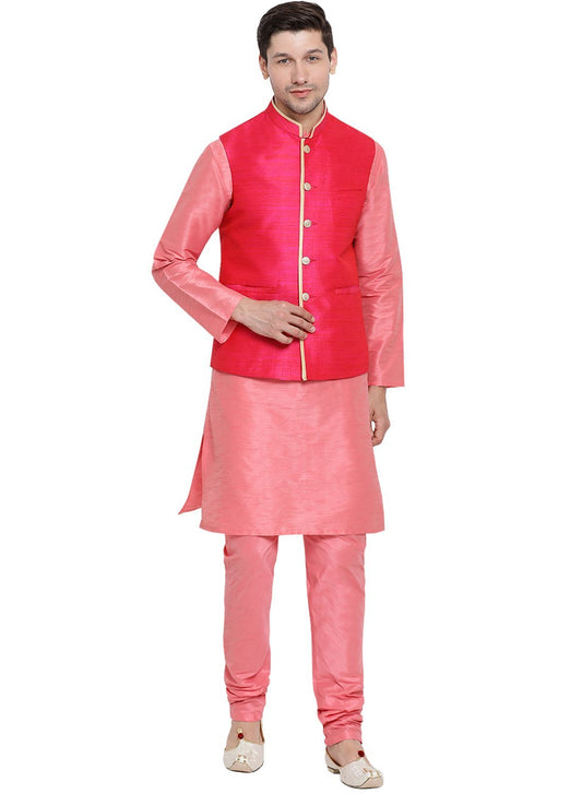 Men's Pink Cotton Silk Blend Kurta, Ethnic Jacket and Pyjama Set