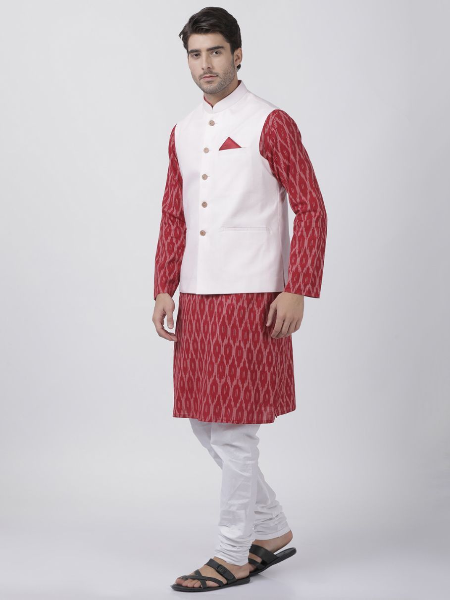 Men's Maroon Cotton Blend Ethnic Jacket, Kurta and Dhoti Pant Set