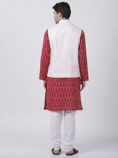 Men's Maroon Cotton Blend Ethnic Jacket, Kurta and Dhoti Pant Set