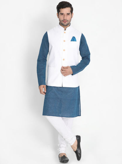 Men's Dark Blue Cotton Blend Kurta, Ethnic Jacket and Pyjama Set