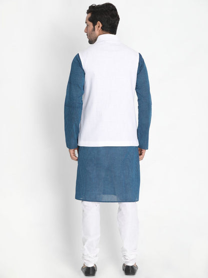 Men's Dark Blue Cotton Blend Kurta, Ethnic Jacket and Pyjama Set