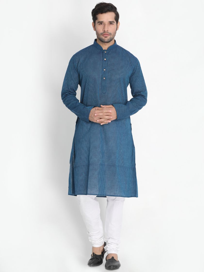 Men's Dark Blue Cotton Blend Kurta, Ethnic Jacket and Pyjama Set