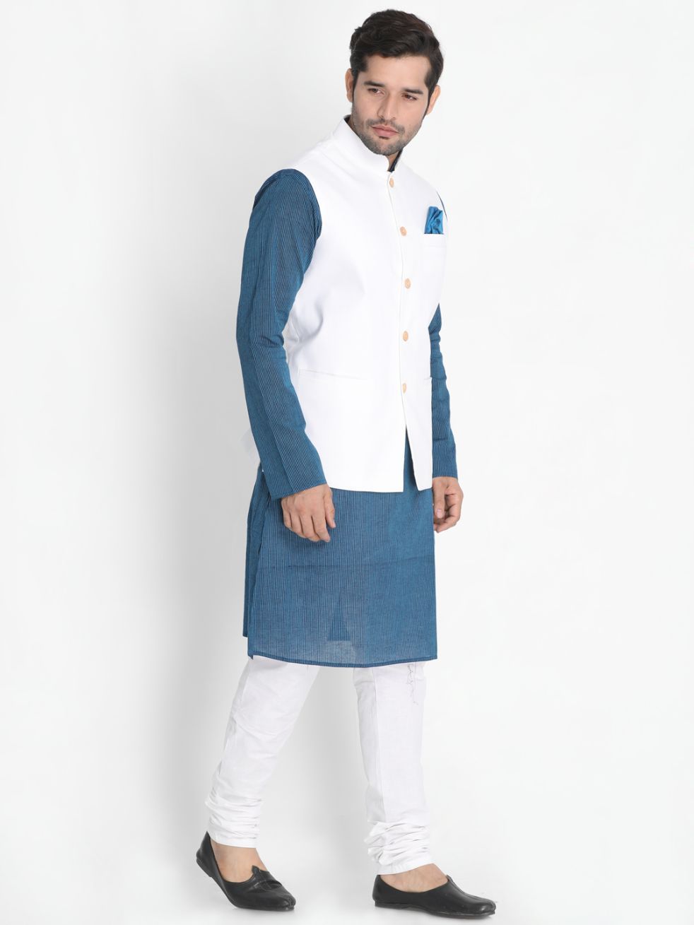 Men's Dark Blue Cotton Blend Kurta, Ethnic Jacket and Pyjama Set