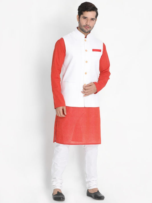 Men's Red Cotton Blend Kurta, Ethnic Jacket and Pyjama Set