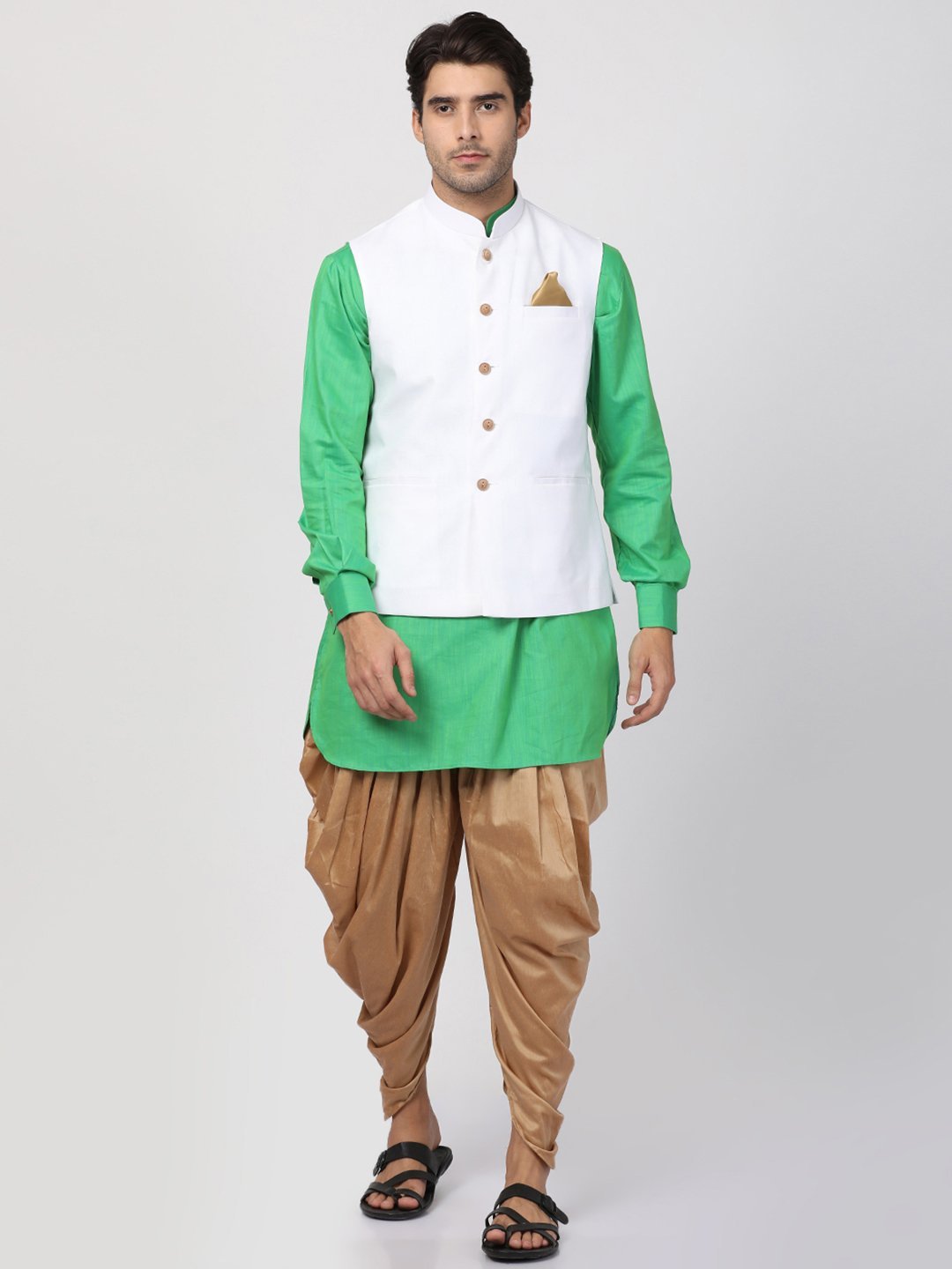 Men's Green Cotton Blend Ethnic Jacket, Kurta and Dhoti Pant Set