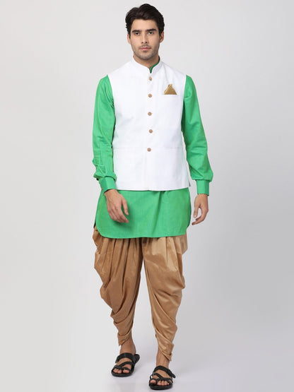 Men's Green Cotton Blend Ethnic Jacket, Kurta and Dhoti Pant Set